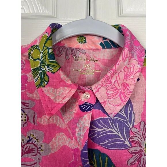Lilly Pulitzer Sea View Collared Shirt Pink Isle Multi Linen Womens Size XS - Picture 3 of 9